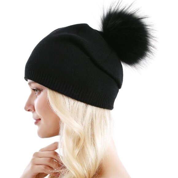 Women Knit Wool Beanie Winter Cashmere Ski Hat with Real Raccoon Fur Pom Pom - Picture 5 of 6